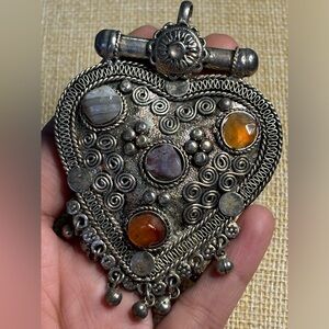 Antique Tibetan silver boho gypsy agate bell necklace pendant